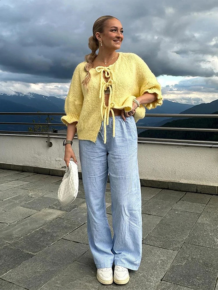 Lace bow womens sweater fashion lapel Oneck loose knitted cardigan autumn street casual 240812