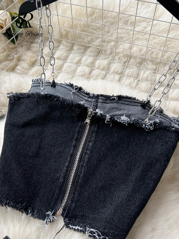 SINGREINY Streetwear Cool Y2K Sexy Denim Suits Women Strap Short Tank Top Split Bodycon Skirt Fashion sweet Two Pieces Sets 240812