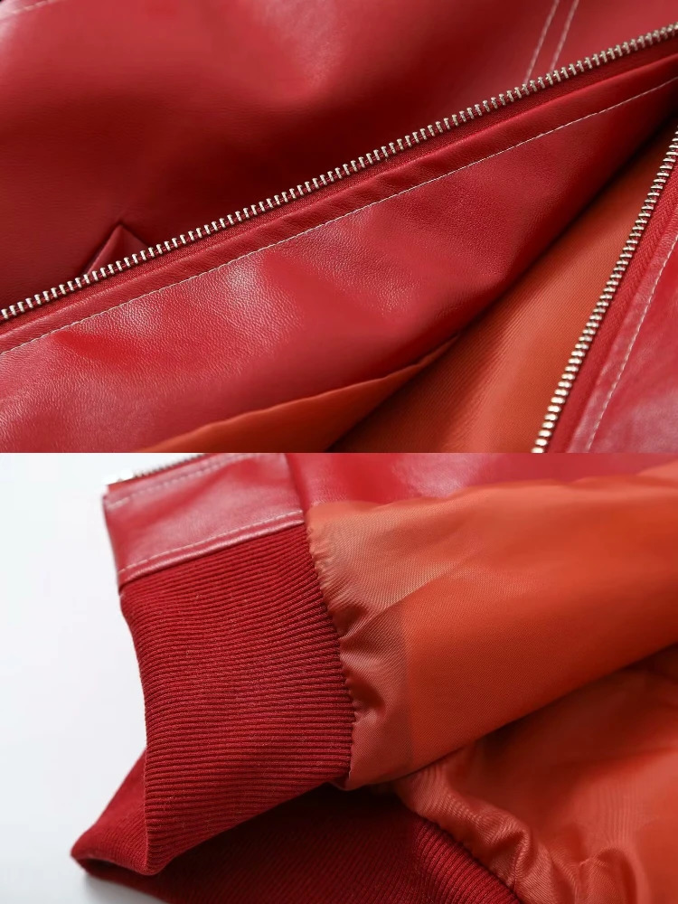 Womens Fashion Splicing Oversized Artificial Leather Bomber Jacket Flip Collar Long Sleeve Retro PU Autumn 240808