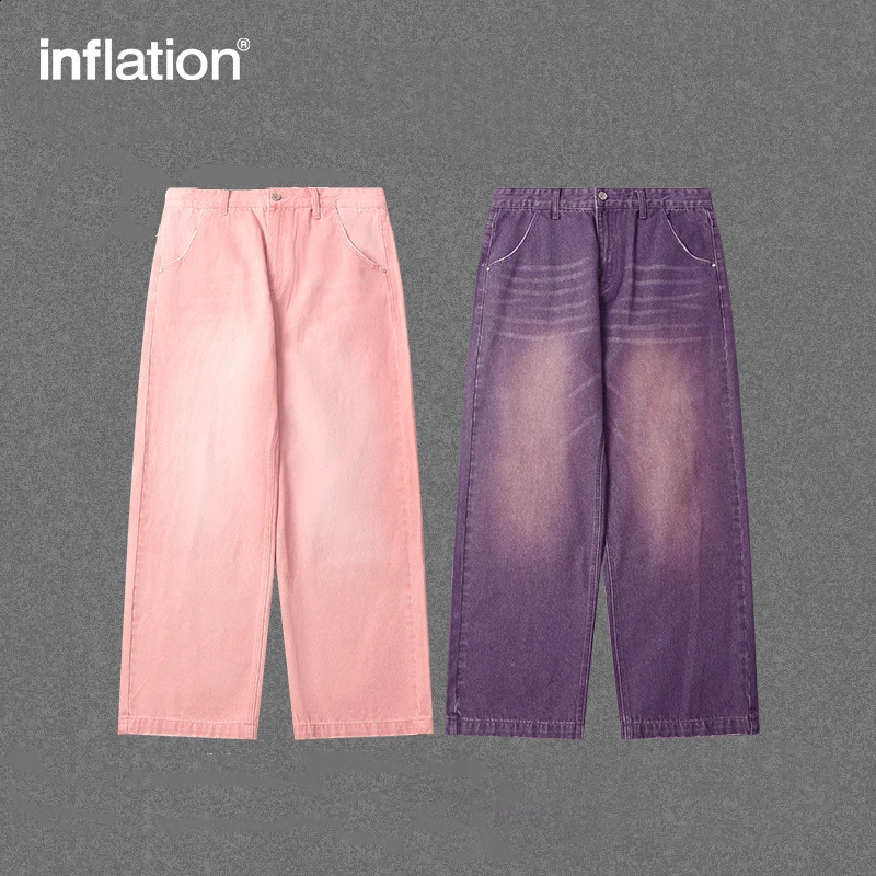 INFLATION Pink Wide Leg Jeans Unisex High Street Washed Denim Pants Mens Baggy Trousers Plus Size 240812