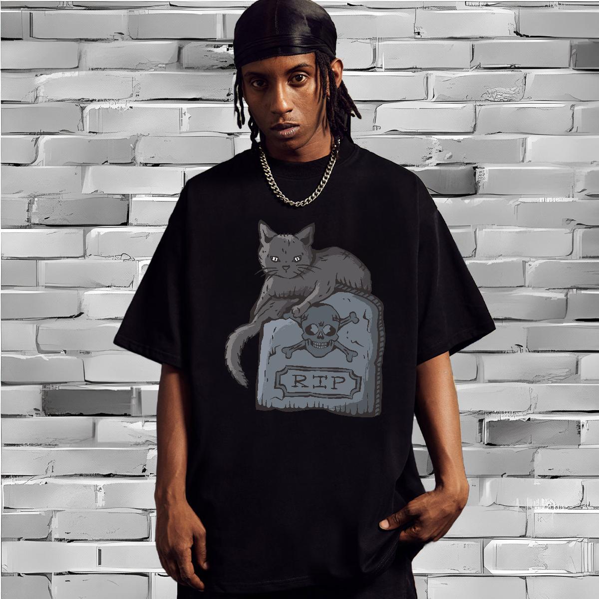 Popular T-Shirts for Men cat Short Sleeve Soft Home Outdoor Skull 230g Cotton Tshirt for Man Woman Fashion Design Clothings