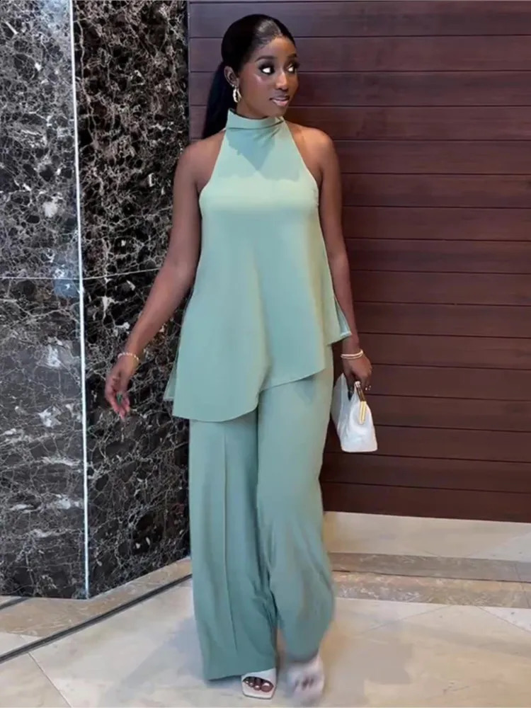 Womens Casual Fashion Two Piece Sets Summer Off The Shoulder Sleeveless Fresh And Street Camisole Vest Wide Leg Long Pants Set 240813