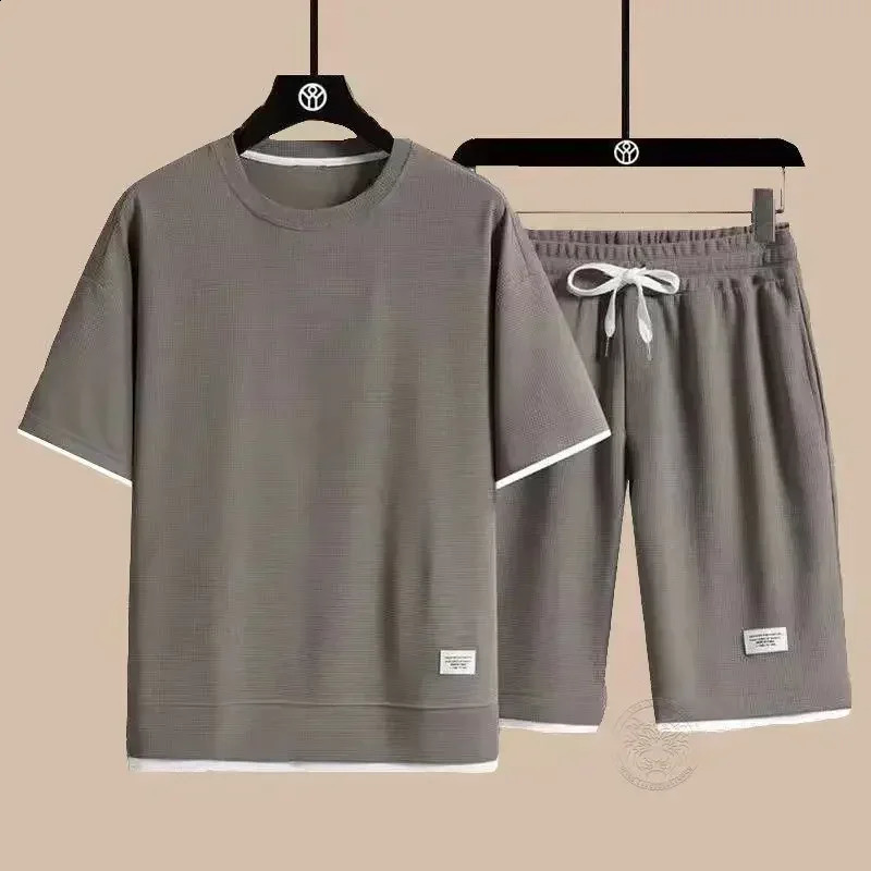 Mens Breathable Waffle Suit Short-sleeved T-shirt Shorts Summer Loose Youth Trend Casual Sportswear Two-piece Set S-4XL 240813