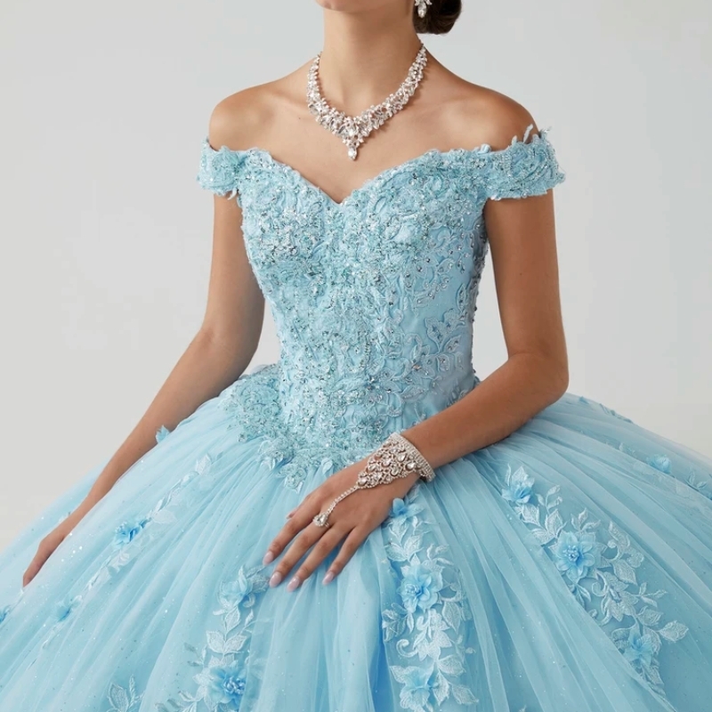 Quinceanera Dress Ball Gown Off The Shoulder 3D ral Applique Beaded Crystals Tull Sweet 16 Vestidos De XV 15 Anos