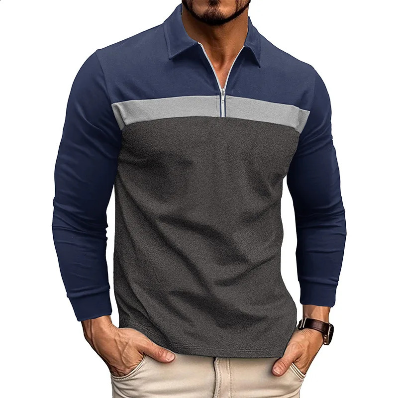 Polo Mens T-shirt in European and American Sizes Lapel Patchwork Polo Shirt Foreign Trade Mens Long Sleeved Shirt 240824