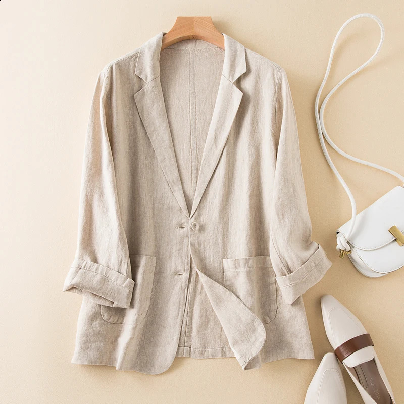 Cotton and linen small suit women spring and summer Korean fashion simple elegant temperament loose casual cardigan coat 240813