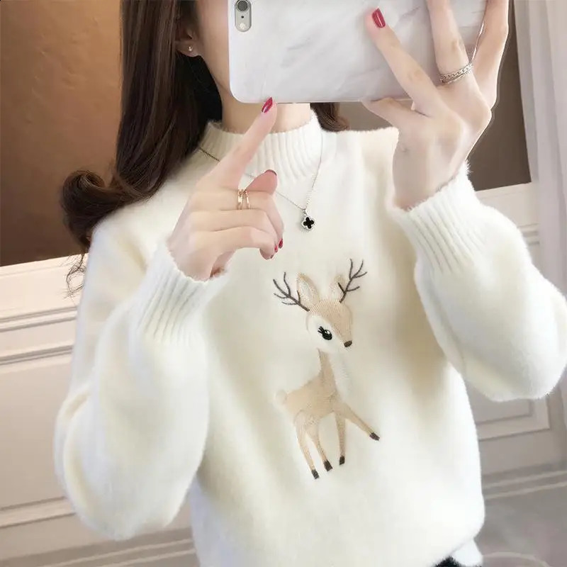 Autumn Winter Womens Fashion Half High Collar Deer Shaped Embroidery Loose Sweaters Casual Versatile Long Sleeve Tops 240812
