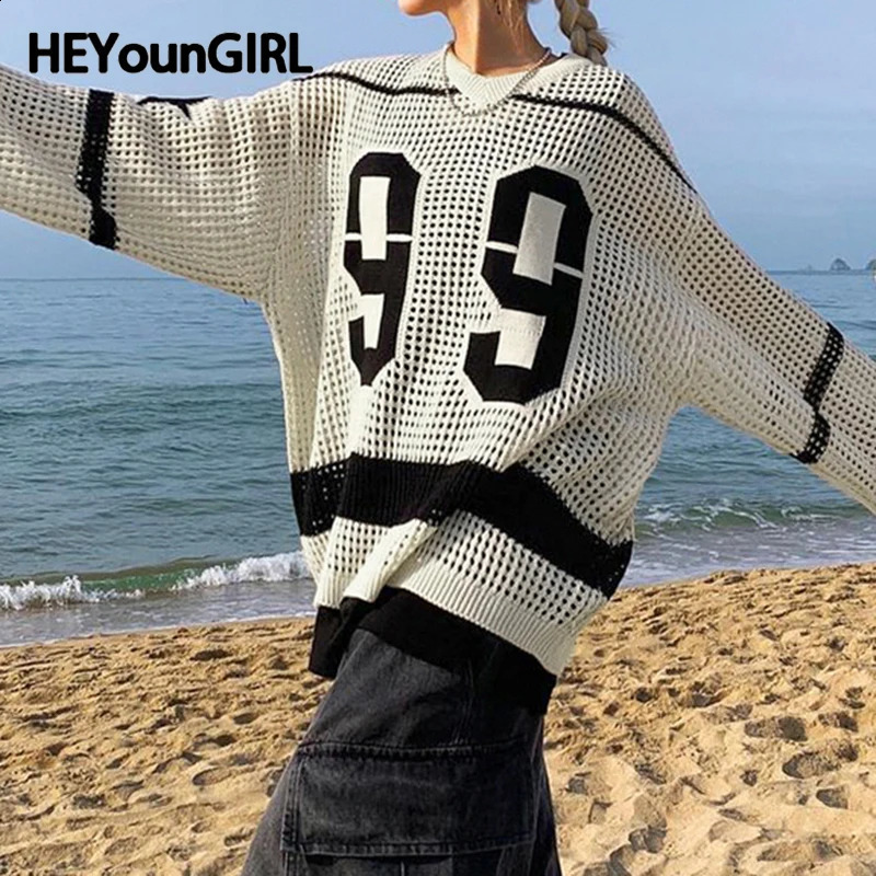 HEYounGIRL Contrast Digit Graphic Women Sweater Hollow Out Stylich Chic See Through Smock Top Harajuku Long Sleeve Pullovers Y2K 240812