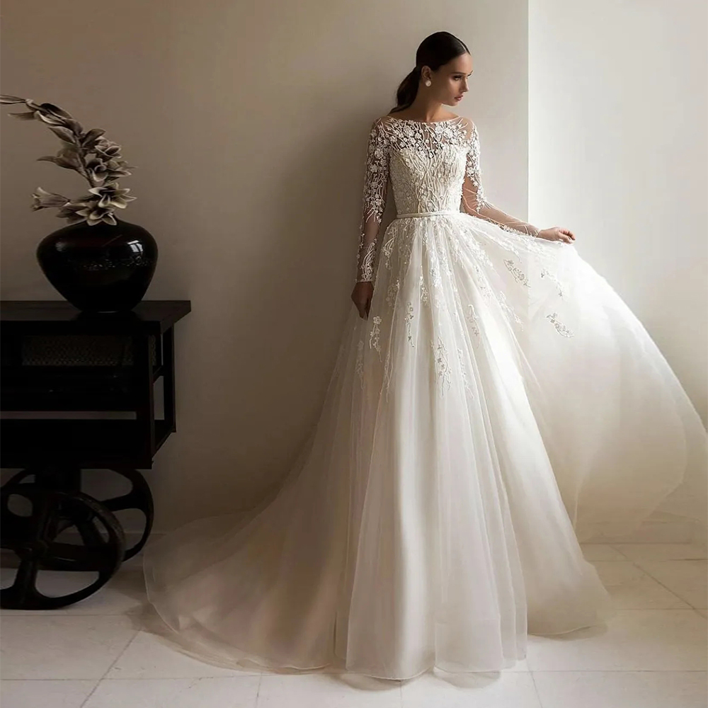 Gorgeous Sexy Round Neck Long Sleeves Fluffy Mopping Wedding Dresses Luxury Beautiful Ball Gowns Robe Appliques Lace Bride 2025