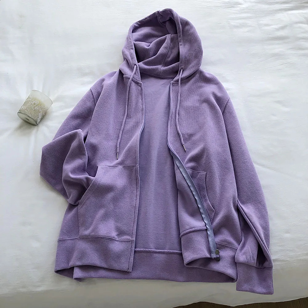 Hoodies Women Spring Autumn Thin Zipper Cardigan Sweatshirts Fashion Purple Loose All-matched Hooded Outerwear Female 240812