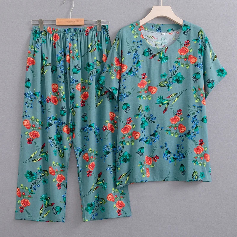 Summer Two Piece Set for Women Clothing Casual Print Oversize Trouser Sets Summer Middle Aged Womens Top and Pants 240813