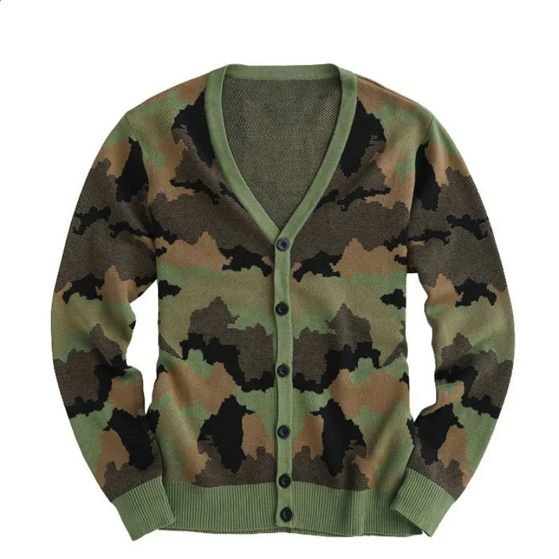 Single Breasted Cotton Camouflage Sweater Vneck Knitted Cardigan Spring Autumn Casual British Style Thin Coats Plus Size 5XL 240813