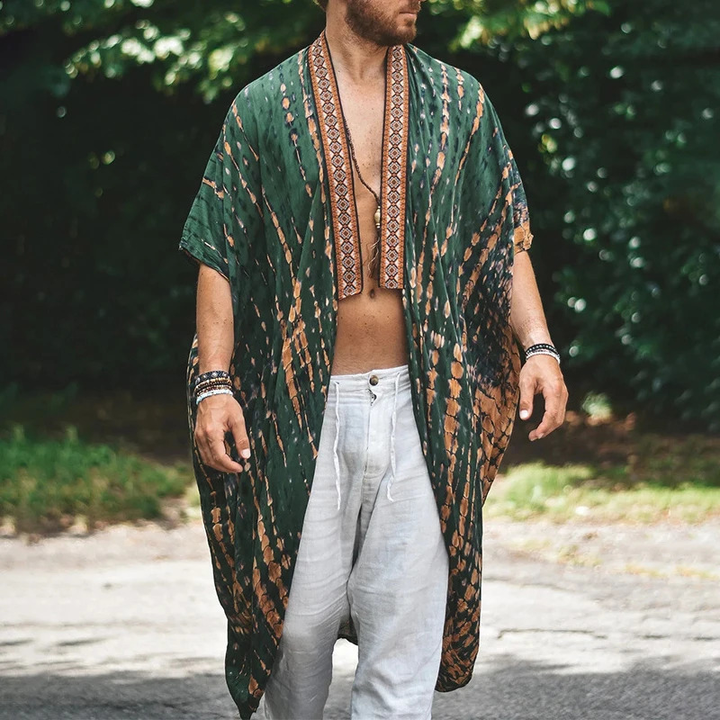 Holiday Beach Long Shawl Streetwear Casual Pattern Print Half Sleeve Beach Cloak Top Men Clothing Summer Outside Outwear 240813