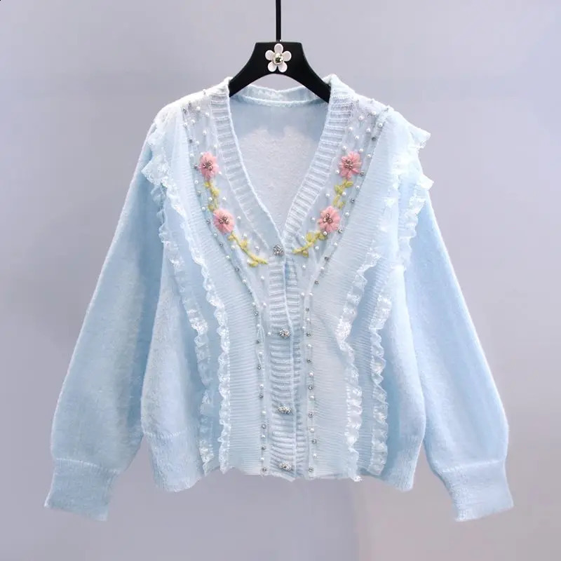 Vintage Floral Embroidery Knittsd Cardigan Women Autumn Sweet Fashion Sweater Coat Korean Preppy Style Lolita Lace Sweater Coat 240812
