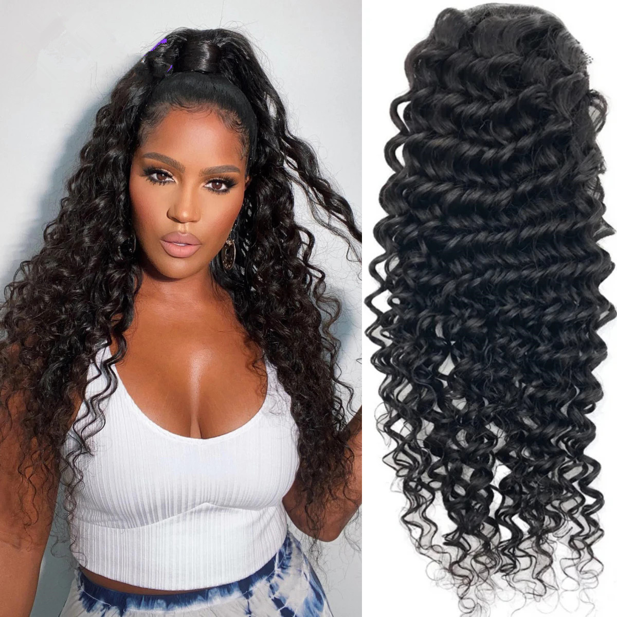 Drawstring deep wave Curly Ponytail Human Hair Brazilian Remy Hair Clip in Hair Extension Long Corn Wavy Wrap Around Ponytail Black 160g Diva24