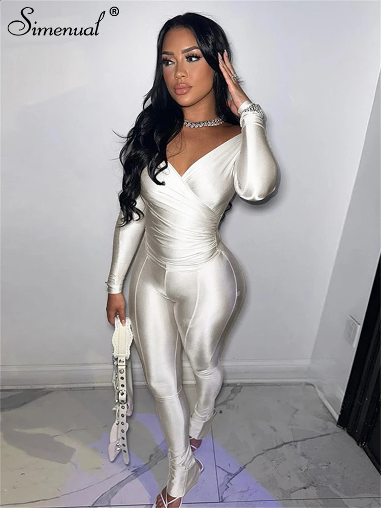 Simenual Casual Skinny Women Two Piece Set Sexy Deep V Crop Tops High Waist Pants Cyber Y2K Outfits Slim Co Ord Suits Streetwear 240813