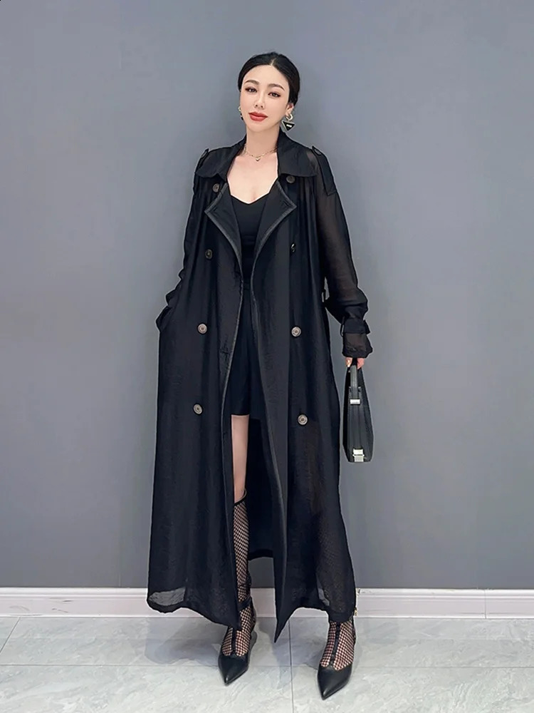 SHENGPALAE Fashion Womens Windbreaker Notched Collar Long Sleeve Button Solid Color Translucency Trench Summer 2024 5R4385 240813