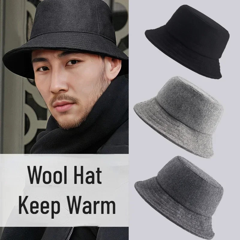 Winter Wool Bucket Hat Mens and Womens Warm Neutral Fishermans Big Brim Fashion ner Solid Color Small Face 240812