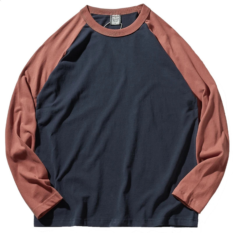 Autumn American Retro Long Sleeve O-neck Contrast Splicing T-shirt Mens Fashion 100% Cotton Washed Old Casual Sport Tops 240812