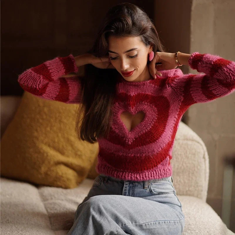 Heart Hollow Out Pullovers Women Striped Y2k Clothes Cropped Sweaters Harajuku Panelled Long Sleeve Spring Sexy Kawaii Mujer Fit 240812