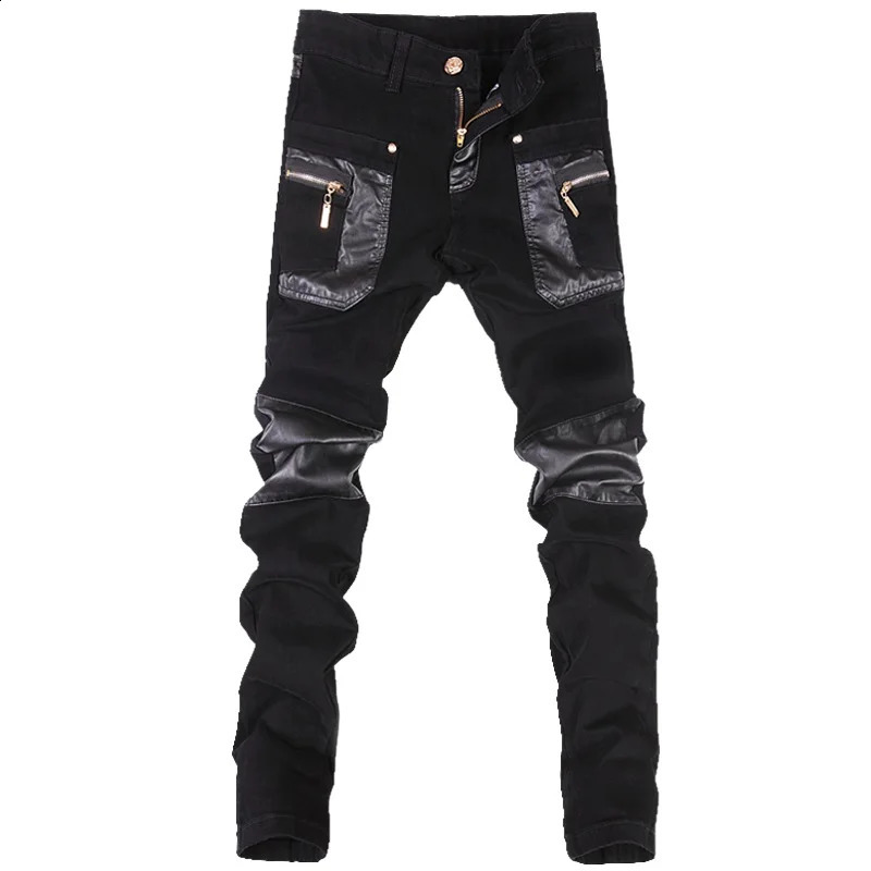 Fashion Men Leather Pants Patchwork Casual Skinny Mens Motorcycle Jeans High Quality Slim Trousers Size 2836 240812
