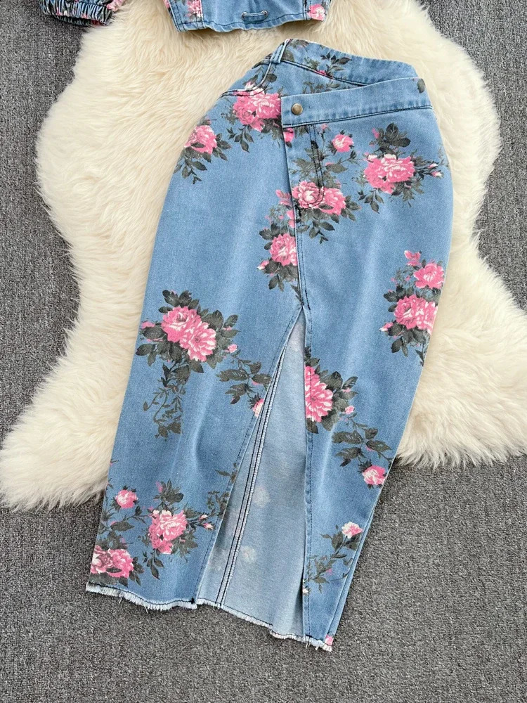 Women 2 Piece Set Denim Fashion Female Chic Sexy Sling Top High Waist Irregular Split Skirt Summer Lady Suit A51 240812