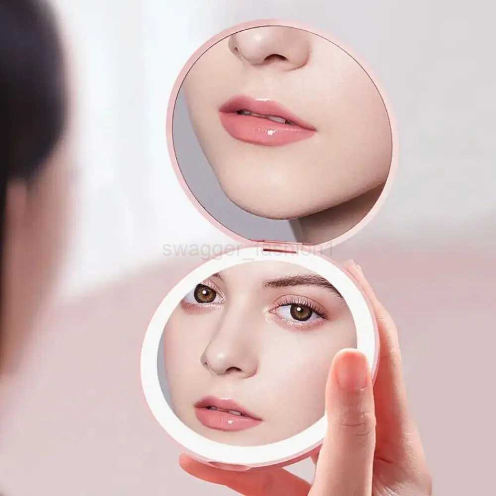 1pc Mini Luminous Makeup Mirror Round Portable Foldable Small Compact Mirror with Light USB Handheld Makeup Magnifying MirrorsXJ240813