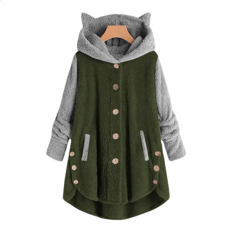 Cat Print Long Hoodies Sweatshirt Women Fleece Warm Button Pocket Pullovers Cat Ear Plus Size Hoodie Top Blouse Sweat Femme 240813