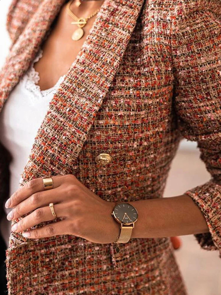 Blazer for Women Jacket Autumn Fashion Double Breasted Tweed Blazer Coat Vintage Long Sleeve Female Outerwears Chic Top 240812