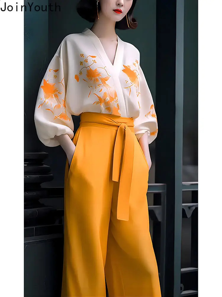 2024 Women Clothing Two Piece Sets V-neck Print Long Sleeve Shirt Bandage High Waist Wide Leg Pants Outfits Chic Vintage Suit 240813