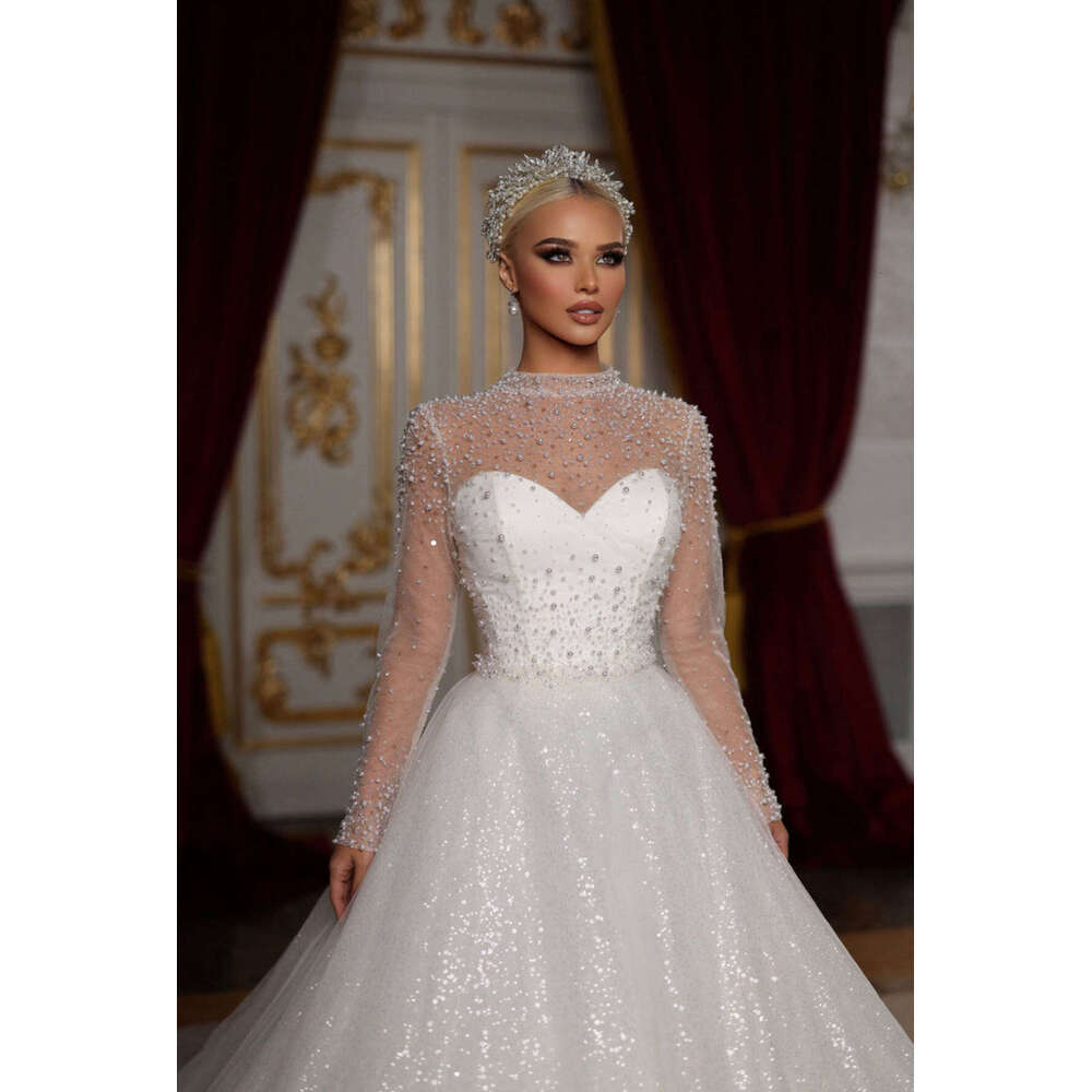 Princess A-Line Gown Wedding Dresses Pearls Sequins Lace High-Neck Bridal Gowns Plus Vestidos De Novia Custom Size Colour