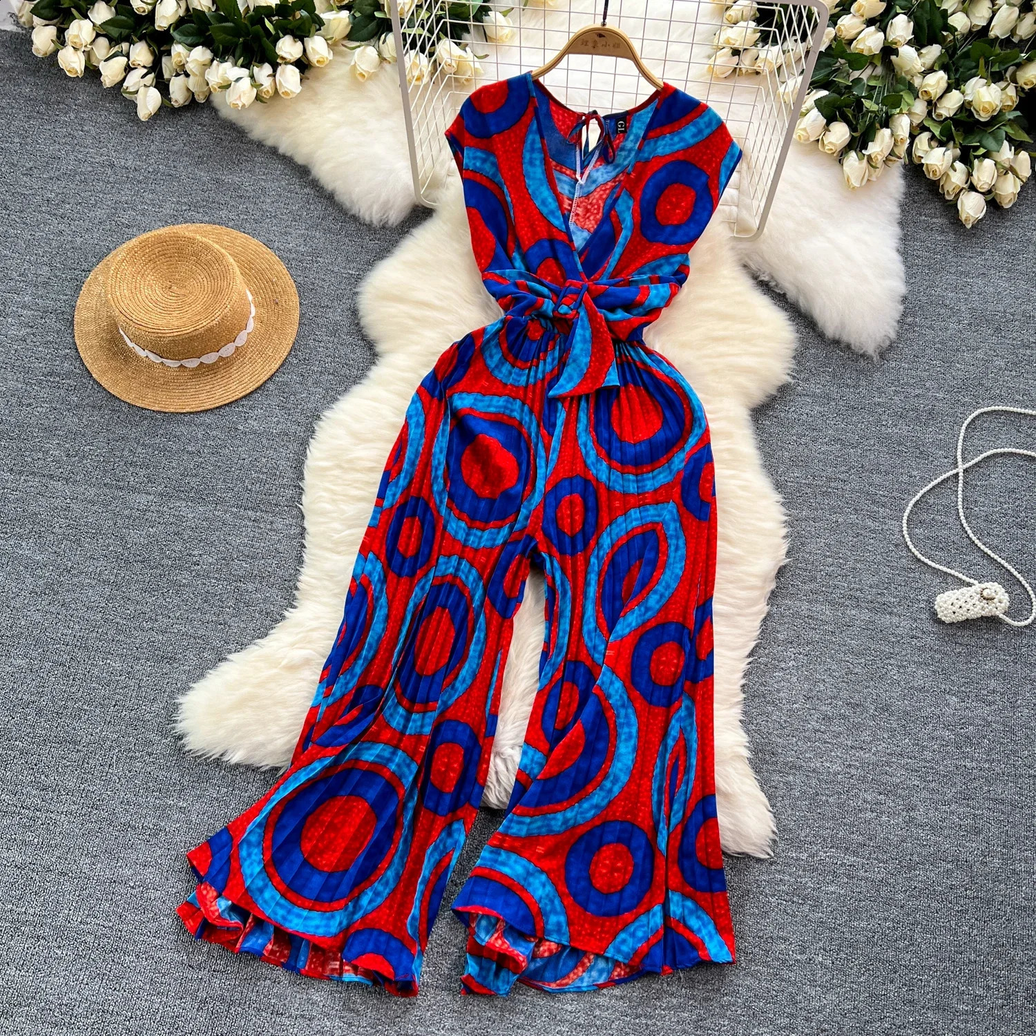 2024 Summer Elegant Women Abstract Print Jumpsuit Chic Streetwear Wide Leg Romper Mujer V Neck Bodycon Sleeveless High Jumps 240813