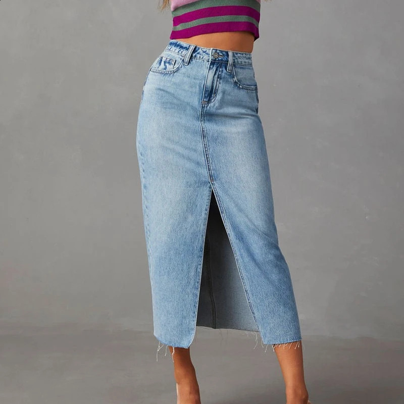 Solid Color Casual Loose Denim Long Skirts For Women 2024 Summer Vintage Womens Midi Jeans Skirt Elegant Fashion Female Skirts 240812