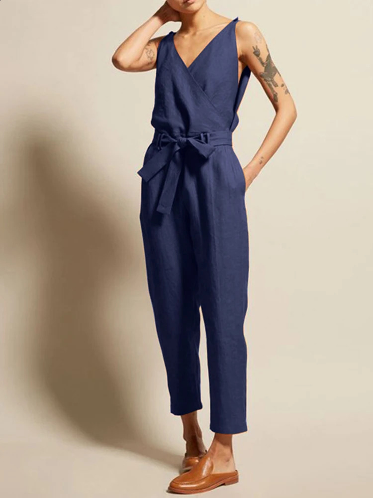 Solid Color Jumpsuit Women 2024 Casual Sleeveless Female Body Suit Summer V Neck Loose Tie High Waist Pencil Pants Sets 240813