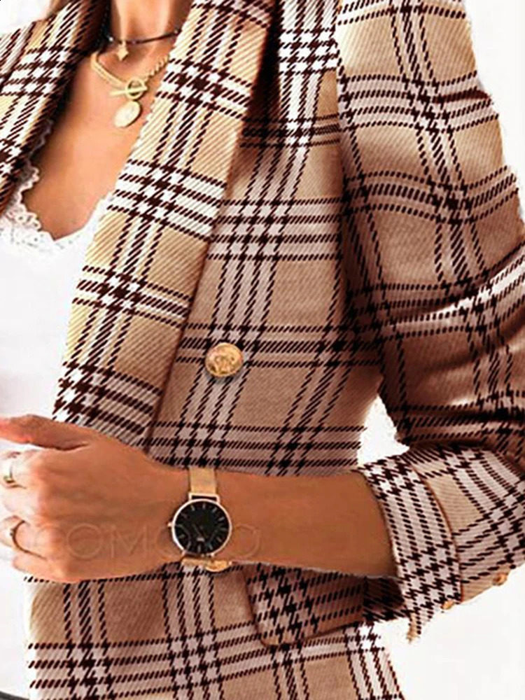 Blazer for Women Jacket Autumn Fashion Double Breasted Tweed Blazer Coat Vintage Long Sleeve Female Outerwears Chic Top 240812