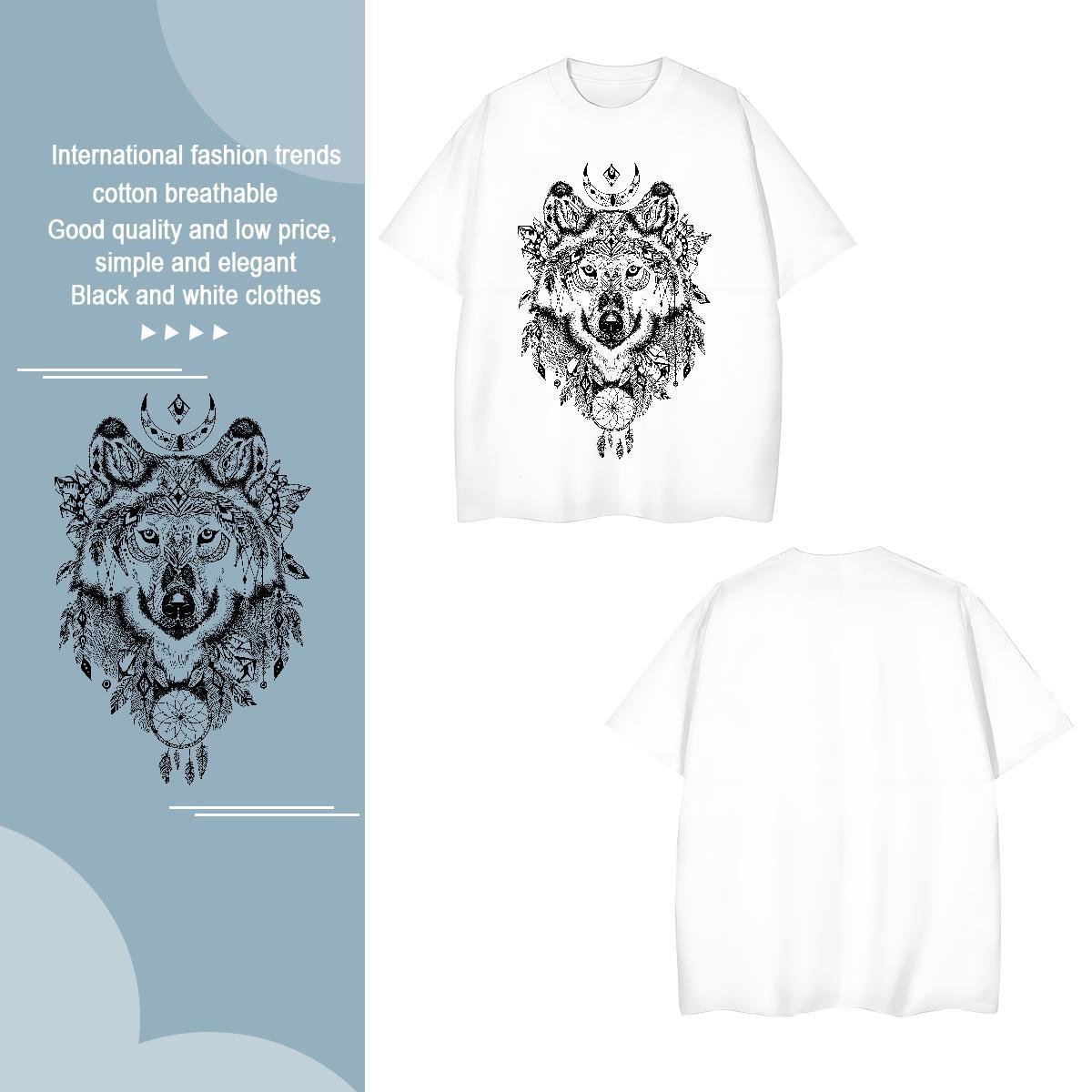 Unisex Mens T Shirts wolf O-Neck Short Sleeve Hip Hop Street Black White 230g Pure Cotton Mens Tshirts Fashion New Tee Shirt