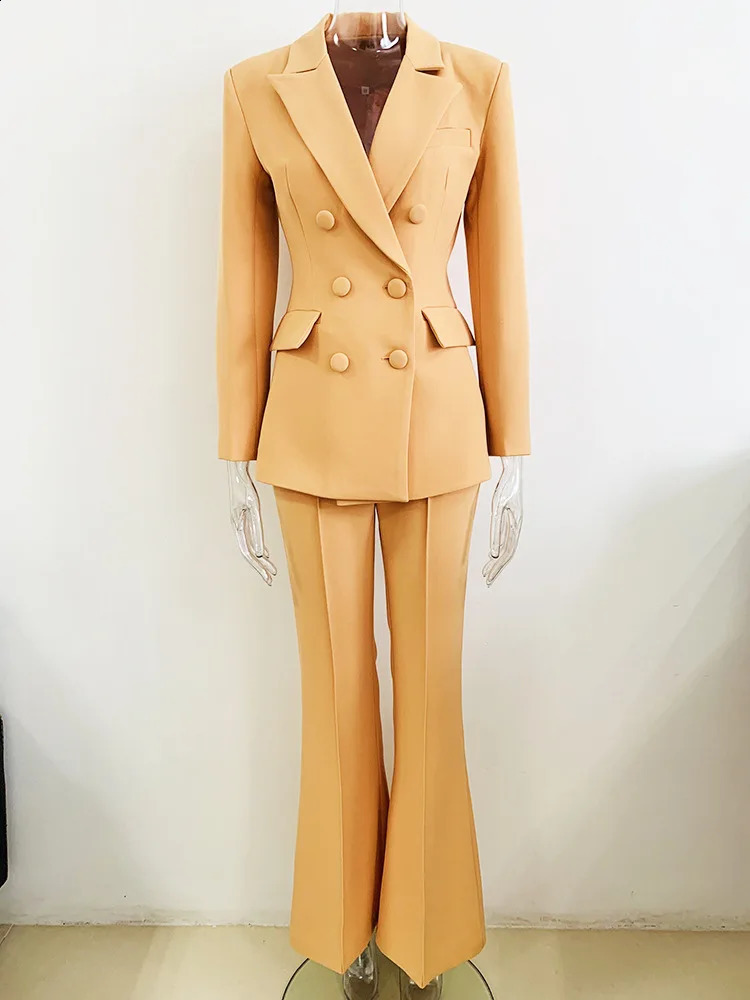 Brown khaki pantyhose womens double chest slim fit office suit business jacket flash pants set twopiece 240812