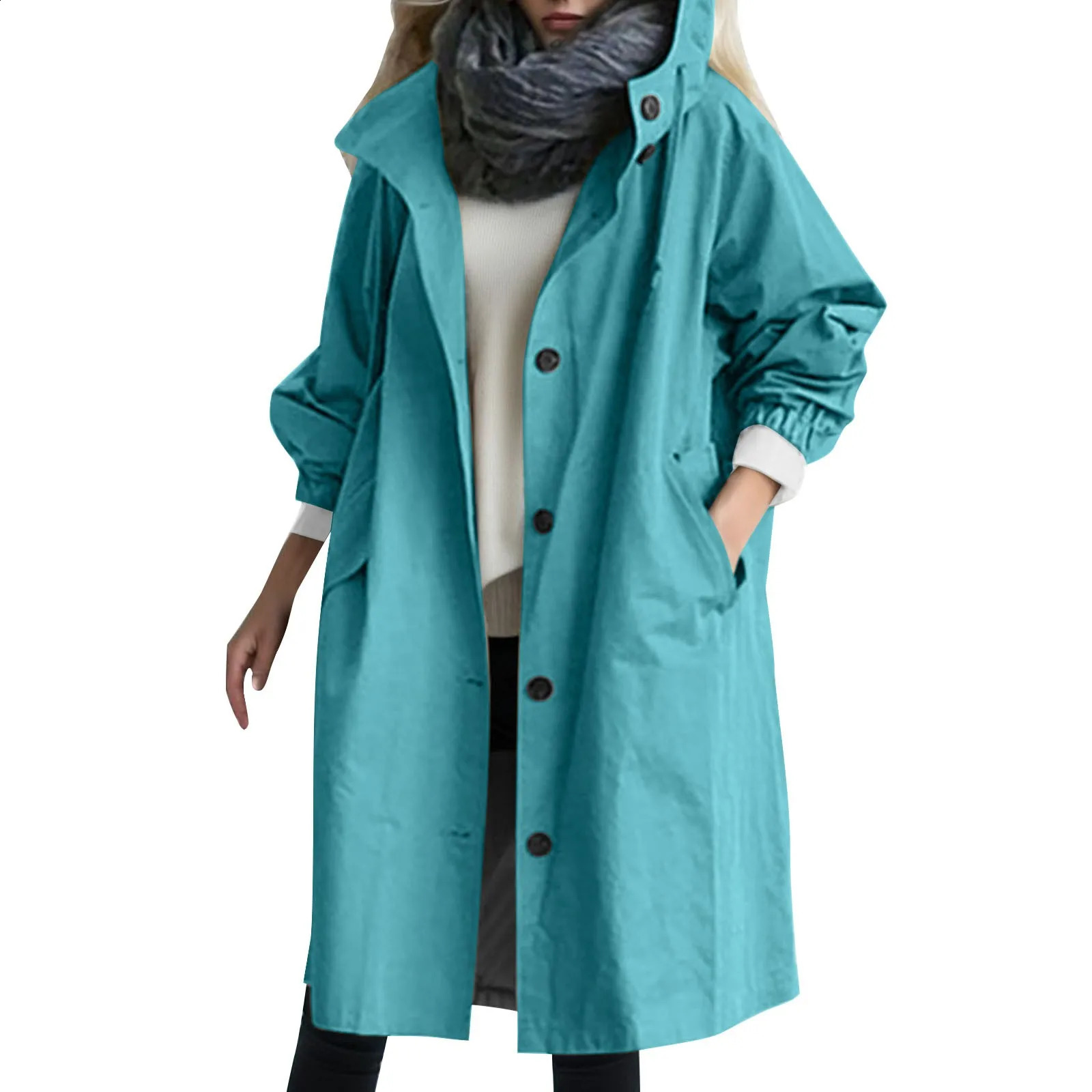 Women Fashion Trench Coat Spring Autumn Casual Hooded Medium Long Overcoat Loose Windproof Coat Korean Trendy Large Size 240813