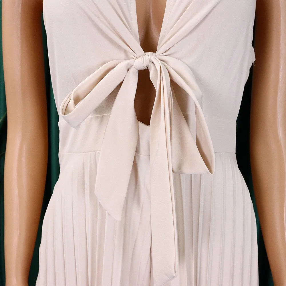 Elegant Jumpsuits Rompers Pleated for Women Pleated Turn Down Collar V Necl Sleeveless Floor Length Female Birthday Overalls 240813