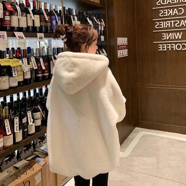 Women's Fur Faux Nerazzurri Winter white oversized faux fur jacket women with hood raglan sleeve zipper Korean fashion clothing for womens