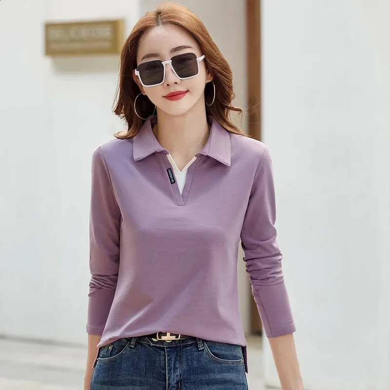 Spring and summer long sleeved womens Tshirt polo shirt casual slim fit lapel top 240812