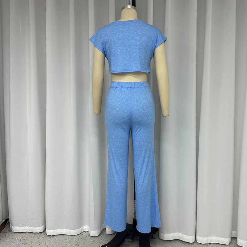 Wefads Women Two Piece Set Summer Fashion Round Neck Solid Short Sleeve Bare Waist Top Loose Pants With Pocket High Streetwear 240813
