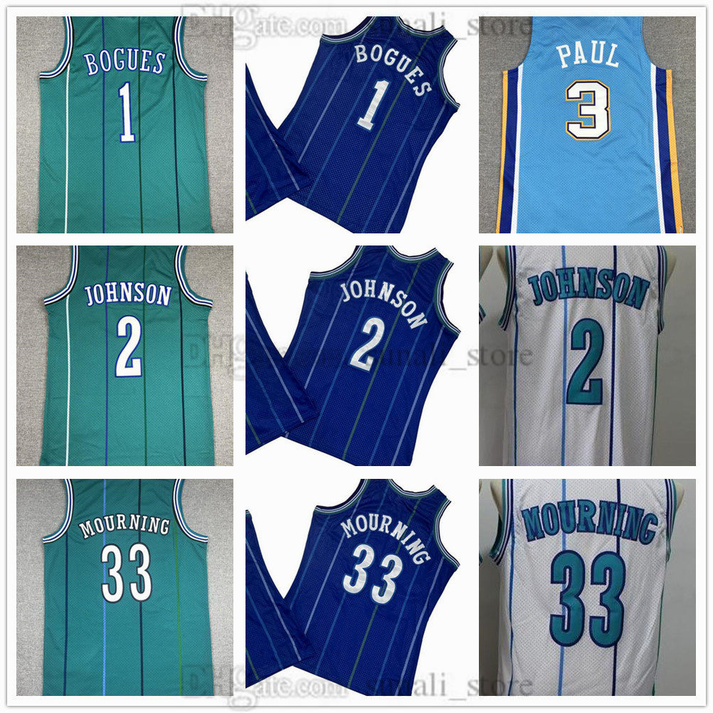Retro Mesh Basketball Jerseys Muggsy 1 Bogues Larry 2 Johnson Alonzo 33 Mourning Chris 3 Paul Sports Shirts Stitched Embroidery Men's Size S-3XL