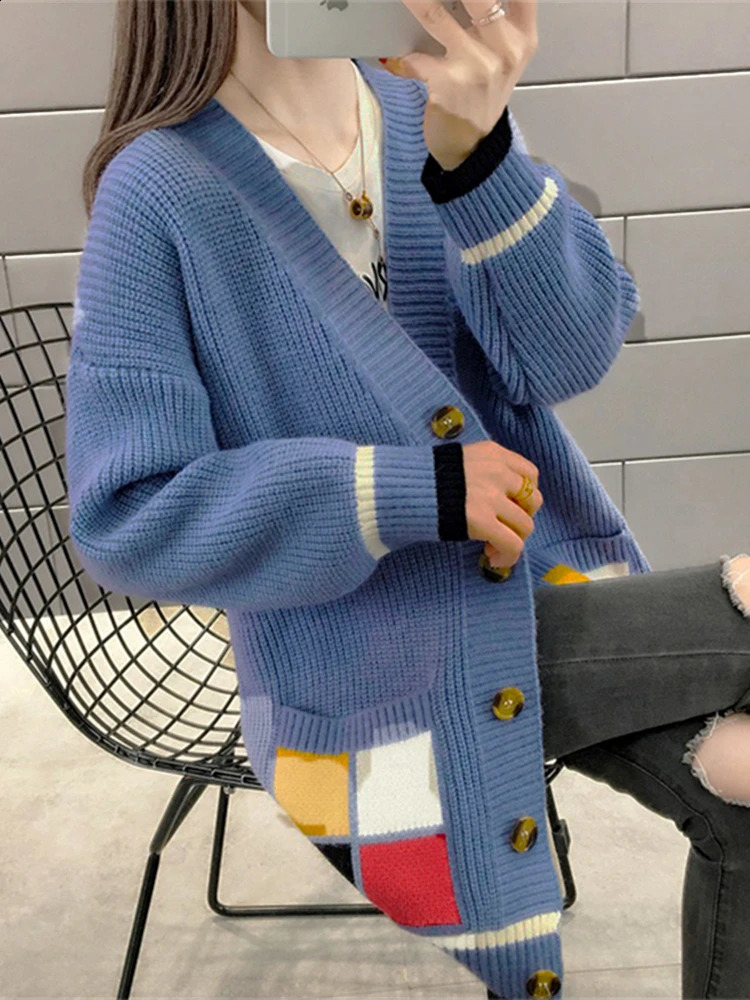 Women Sweater Cardigans Plaid Color Contrast Autumn Winter Knitted Korean Loose Oversize Long Sleeve Elegance Sweet Casual Coats 240813