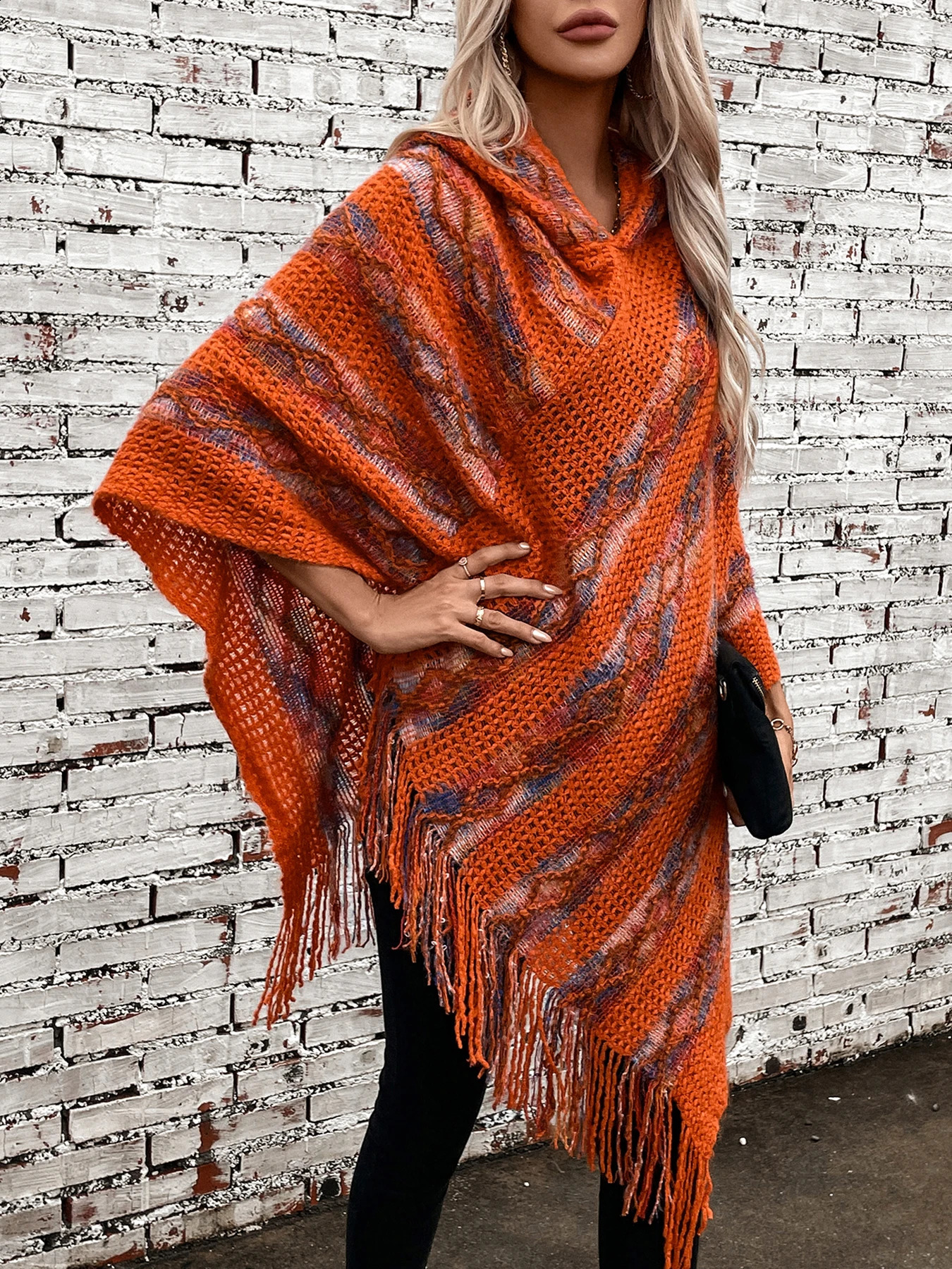 contrasting color hooded knitted tassel long womens cape jacket for autumn and winter 240813