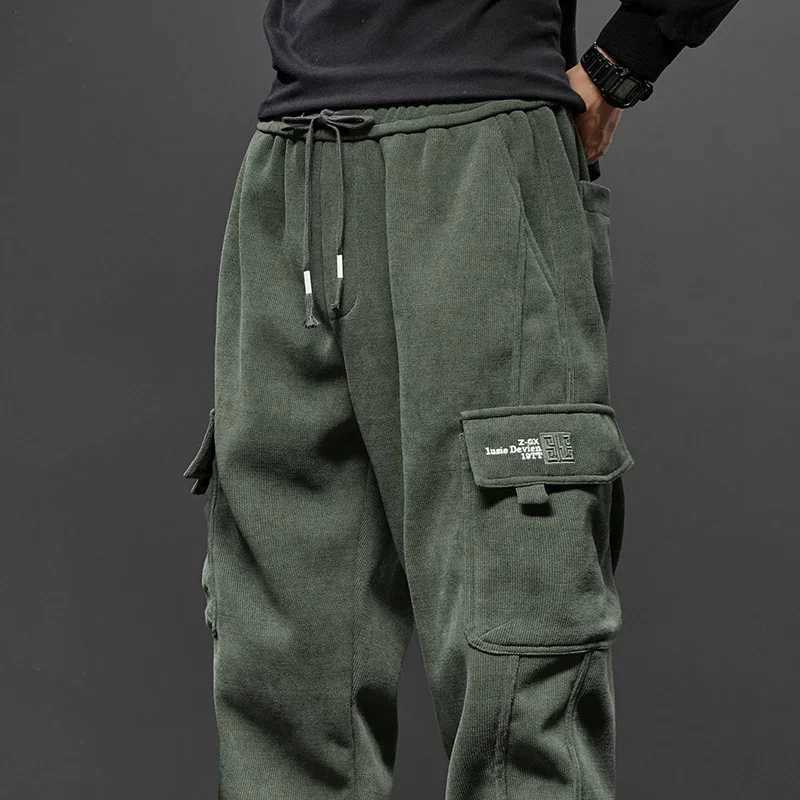 Mens Corduroy Harem Cargo Pants Elastic Waist Casual Joggers Sweatpants Spring Autumn Armygreen Gray Black Trousers StreetwearXJ240813