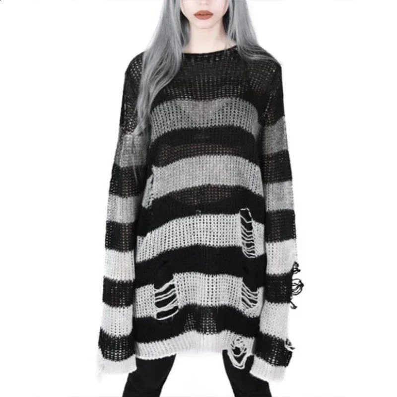 Goth Punk Gothic Sweater Oversized Pullovers Women Striped Cool Hollow Out Hole Broken Jumper Harajuku Aesthetics Sweater 240812