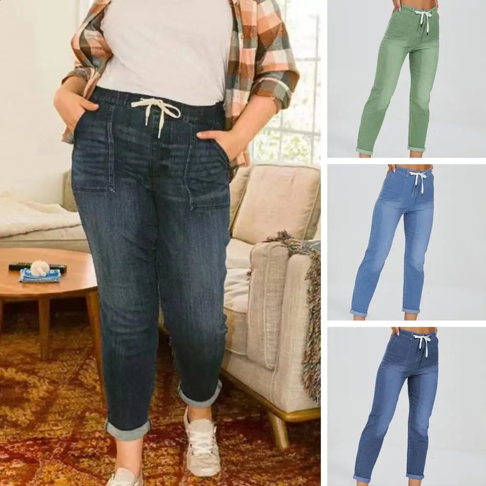 Women High Elasticity Jeans Solid Color Jeans Streetwear Denim Pants Womens Autumn High Waist Zipper Fly Lace-up Slim Fit Jeans 240813