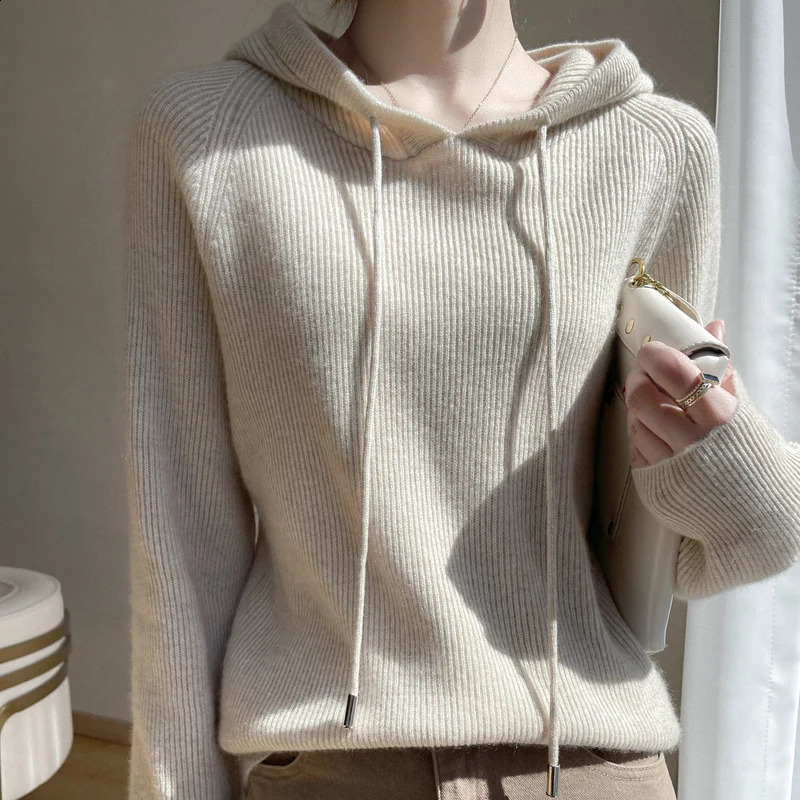100% pure cashmere sweater womens highend latte knit hooded sweatshirt spring collar loose top jacket 240812