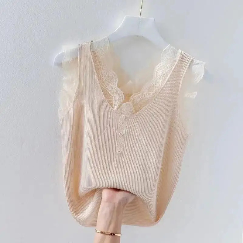 Ice Camisole Womens Summer Oversized Tank Top Fashionable Splicing Lace T-shirt Bottoming Knitwear Womens Top 240813